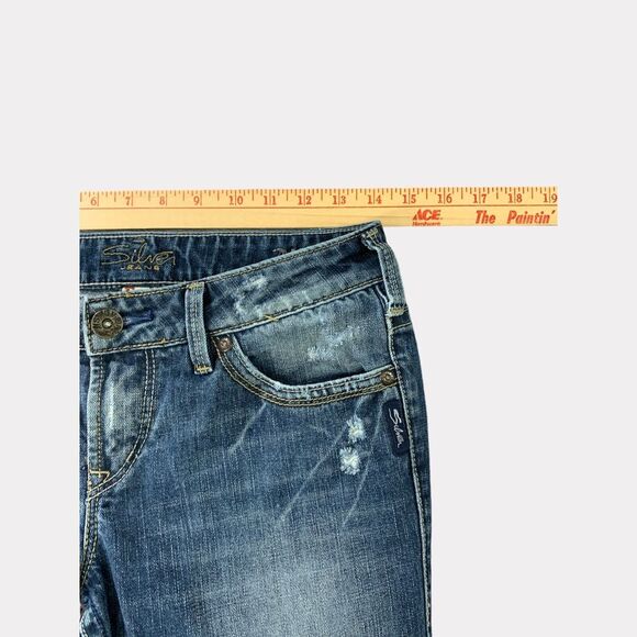 Silver Jeans Womens 28x32 Blue Aiko Flare Distressed Whiskered Stretch Denim - Picture 8 of 16